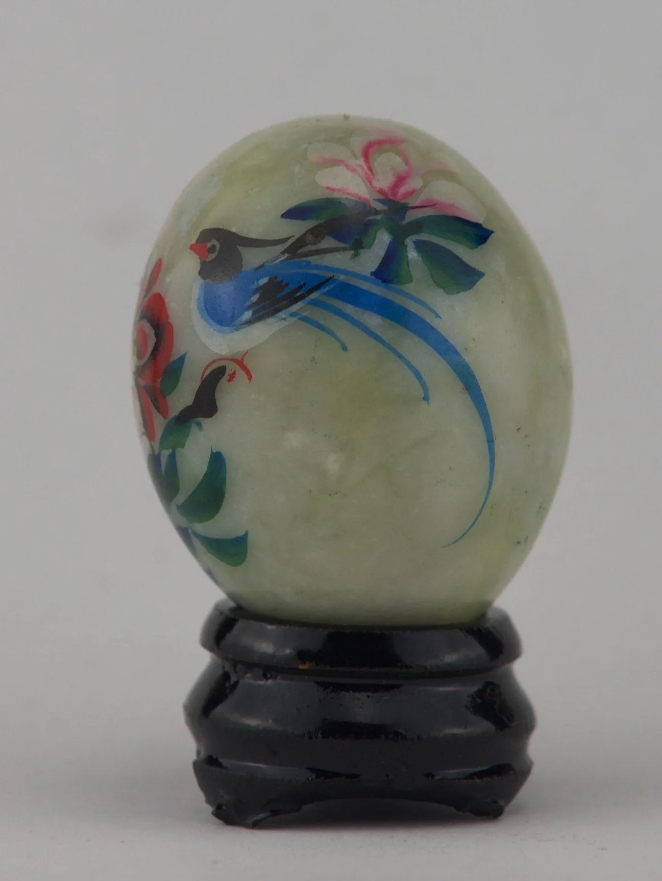 Hand Painted Carved Jade Egg - Blue Bird/Pink Flowers