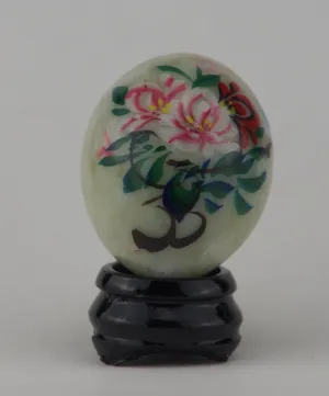 Hand Painted Carved Jade Egg - Blue Bird/Pink Flowers